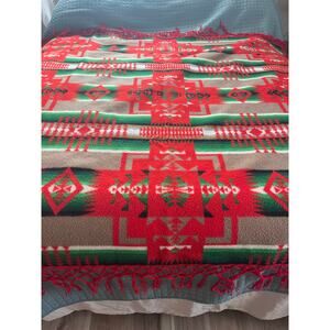 Vintage Pendleton Beaver State Blanket Chief Joseph Red Green Aztec Wool 63x66”